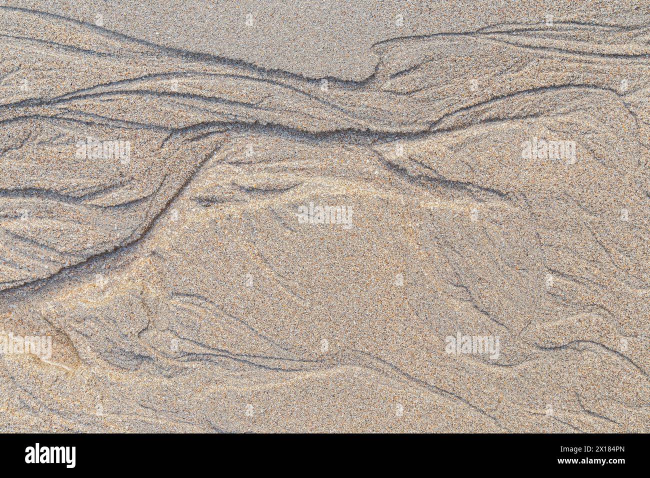 Forme e motivi astratti nella sabbia granulosa sulla spiaggia in una giornata di sole, vista dall'alto. Sfondo sabbioso naturale con trama astratta, vista dall'alto. Foto Stock