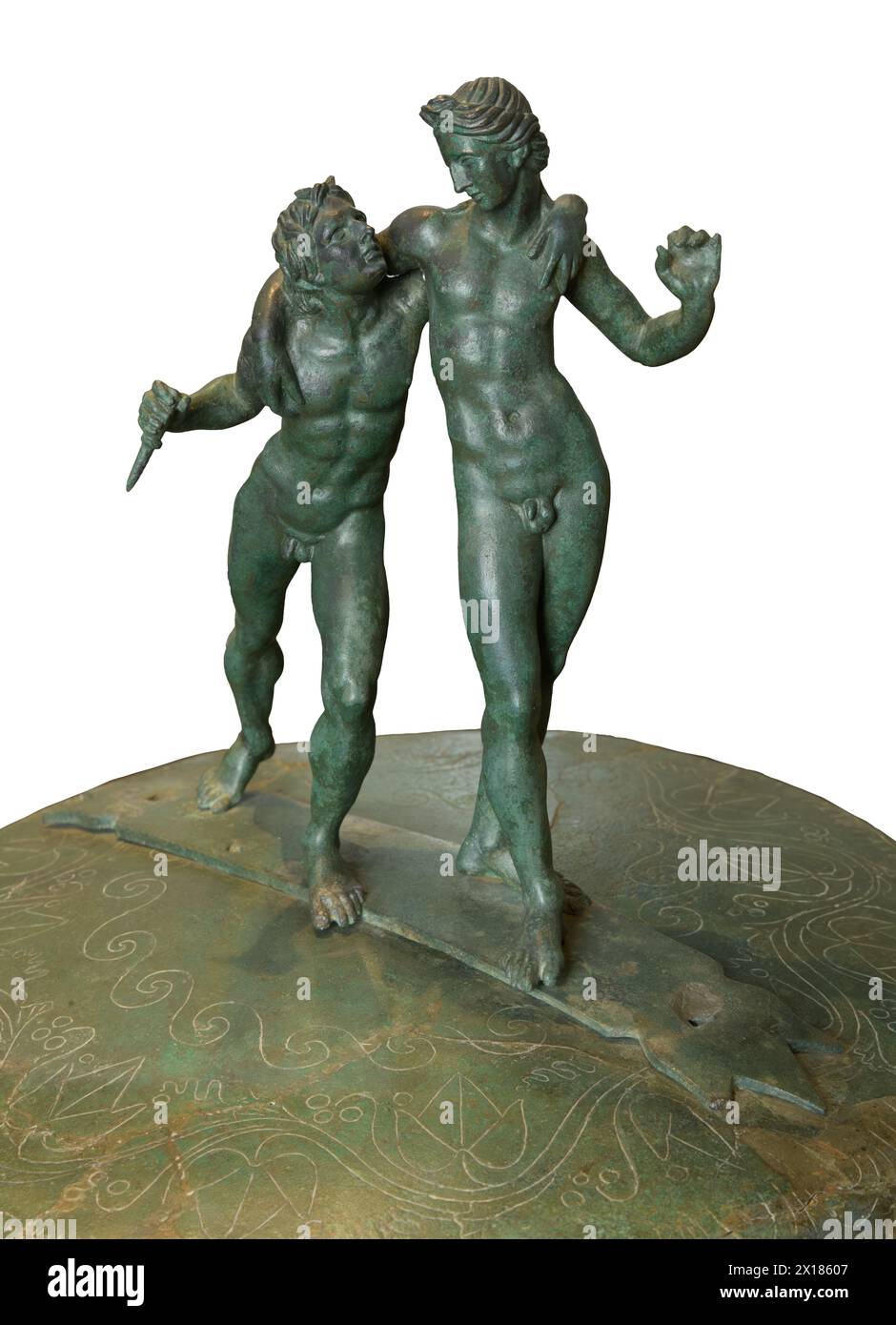 Manico del contenitore etrusco Cista (Cistae) raffigurante due giovani uomini. Palestrina, Italia Foto Stock