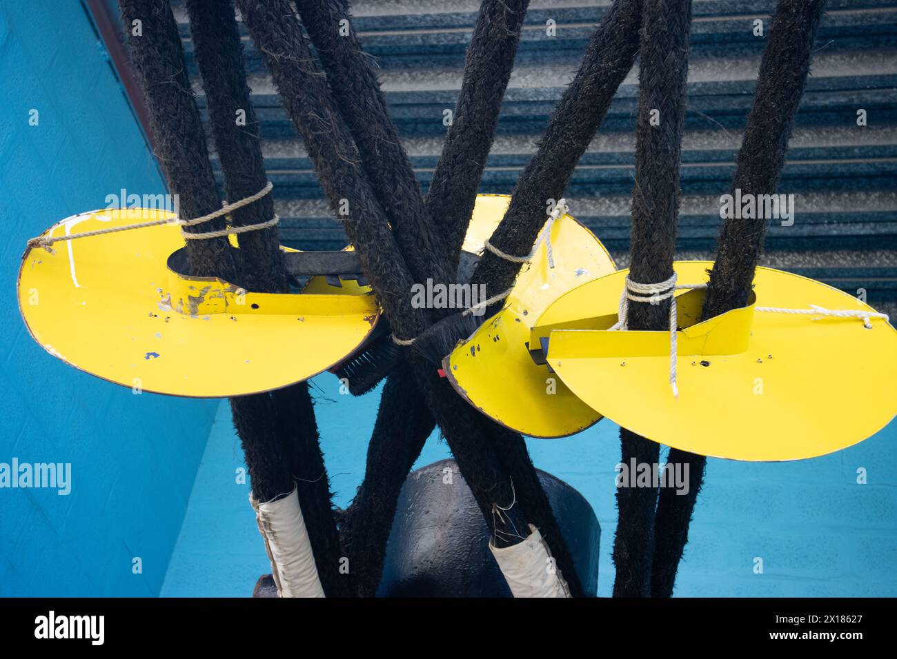 Pali di ormeggio e guardie di topi per la grande nave da crociera Foto Stock