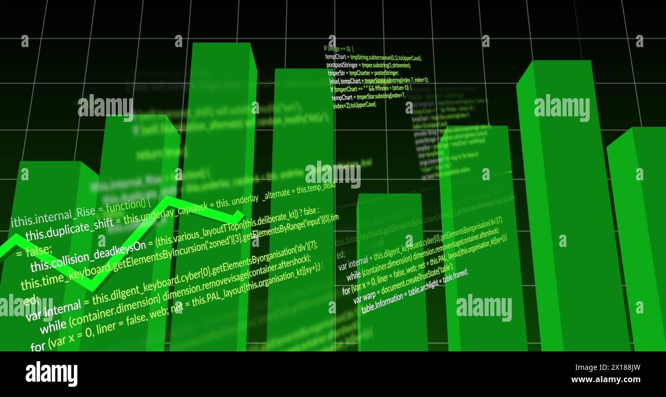 Immagine della linea verde e dell'elaborazione dei dati finanziari su sfondo scuro Foto Stock