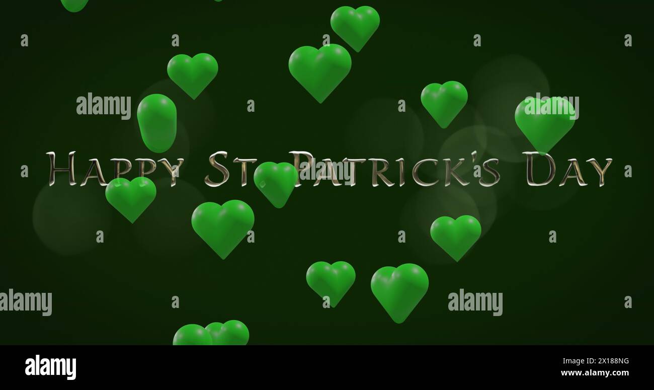 Immagine del testo del giorno di san patrizio e cuori verdi su sfondo verde Foto Stock