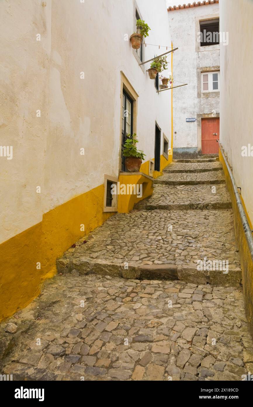 Vecchia strada con scale in pietra in stile mosaico e edifici in legno grezzo bianco con strisce dipinte di giallo, città medievale di Obidos, Portogallo Foto Stock