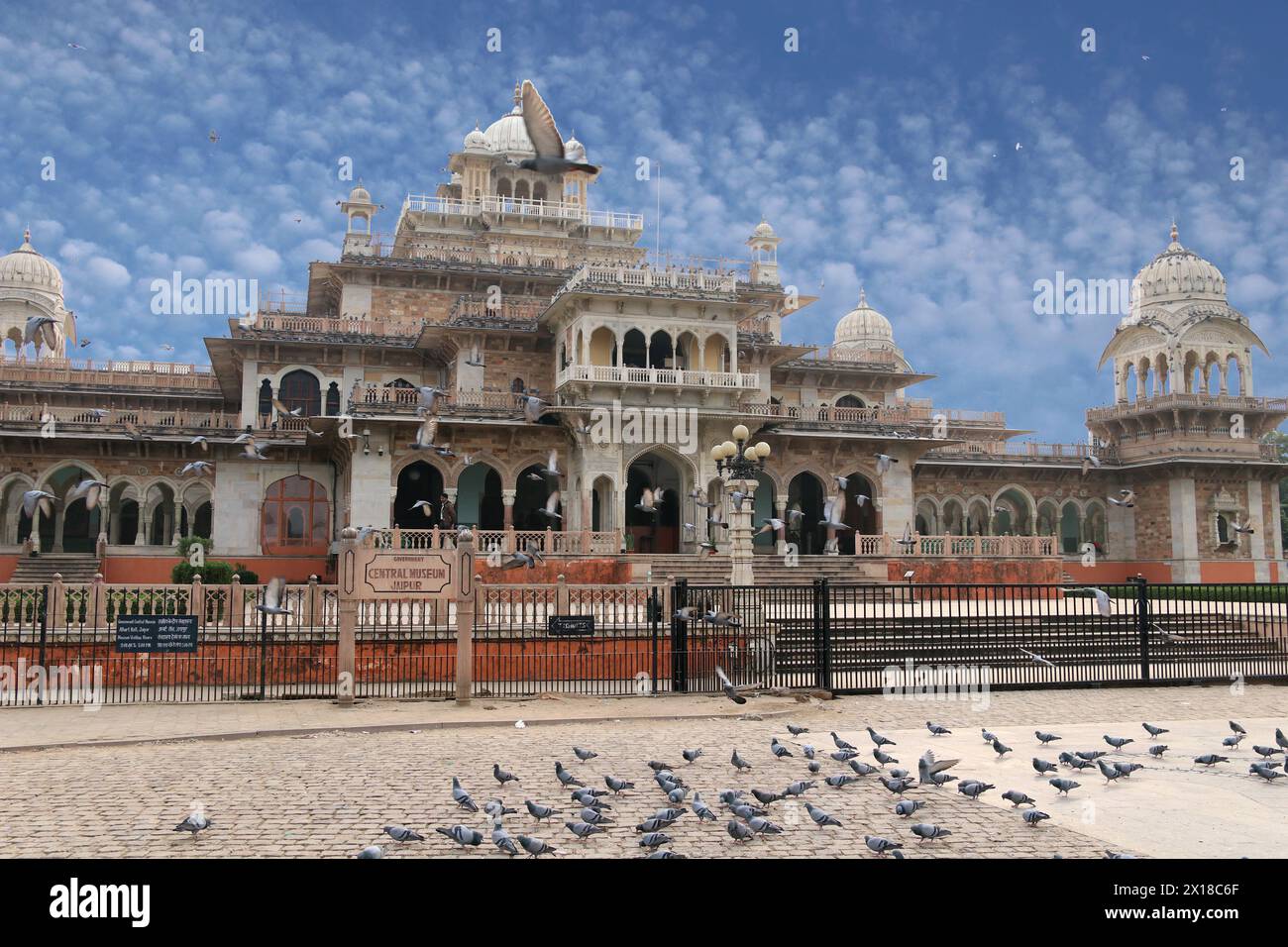 Museo centrale di Jaipur. Piccioni vicino al museo Foto Stock