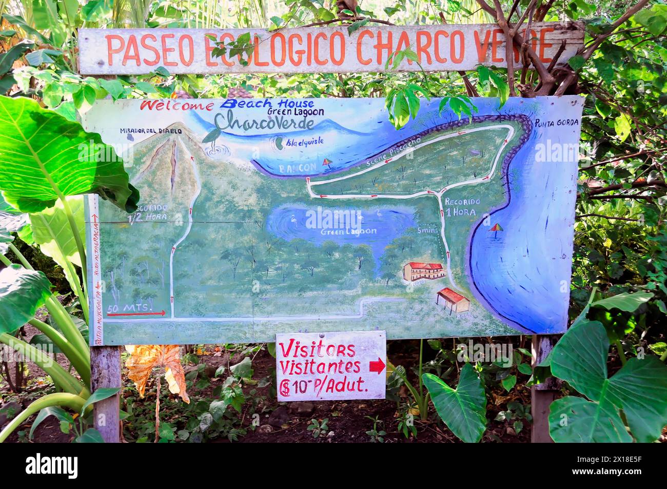 Ometepe Island, Nicaragua, Un cartello informa i visitatori su una migrazione ecologica e mostra una mappa della zona, America centrale, America centrale Foto Stock