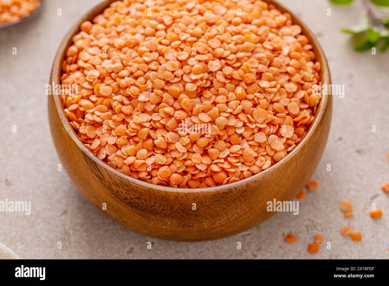 Lenticchie rosse crude in una ciotola pronta per essere cucinata, sana fonte proteica vegana Foto Stock