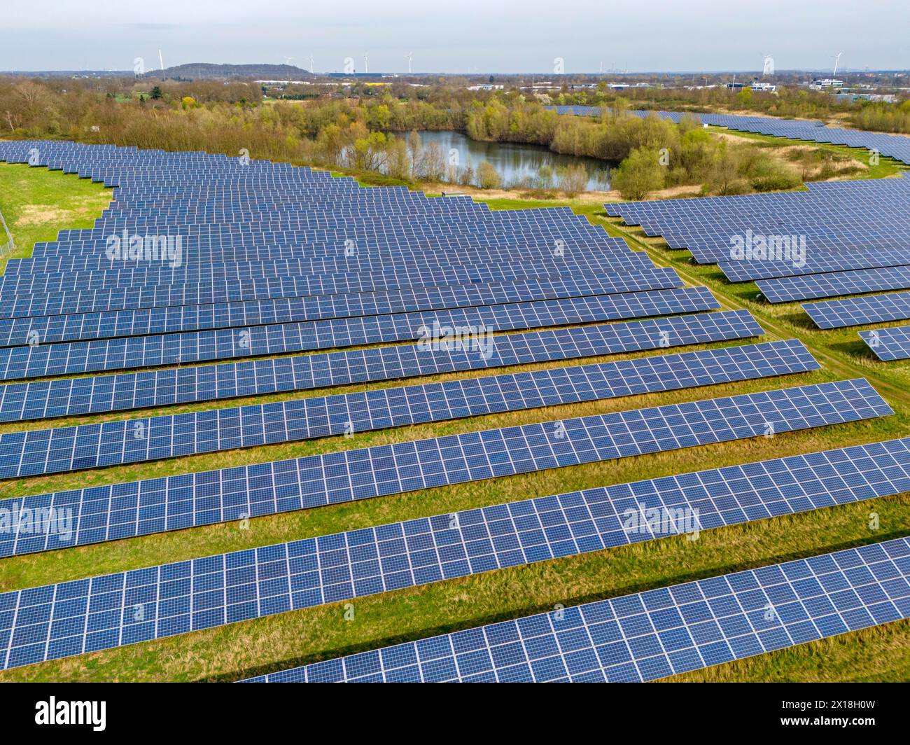 Parco solare di Mühlenfeld, vicino a Neukirchen-Vluyn, oltre 15.000 moduli solari distribuiti su 24 ettari, generando 3,5 milioni di kilowattora all'anno, NRW, Foto Stock