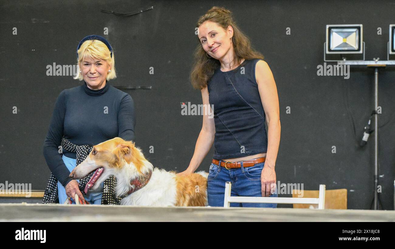 Ulm, Germania. 12 aprile 2024. Maria Rosendorfsky (r), soprano, e Maria Magdalena Katharina Roth von Groß zu Tudor con il suo levriero Borzoi durante il casting del cane. Un cane deve apparire sul palco per l'opera "Lessons in Love and Violence". Crediti: Jason Tschepljakow/dpa/Alamy Live News Foto Stock