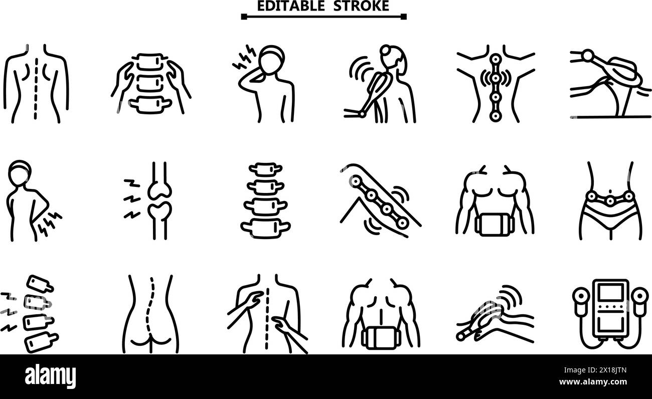 Vettore dell'icona della linea del dispositivo per terapia magnetica. Set di icone della linea chiropratica. Traccia modificabile. Contorno delle icone vettoriali del chiropratico. Illustrazione Vettoriale