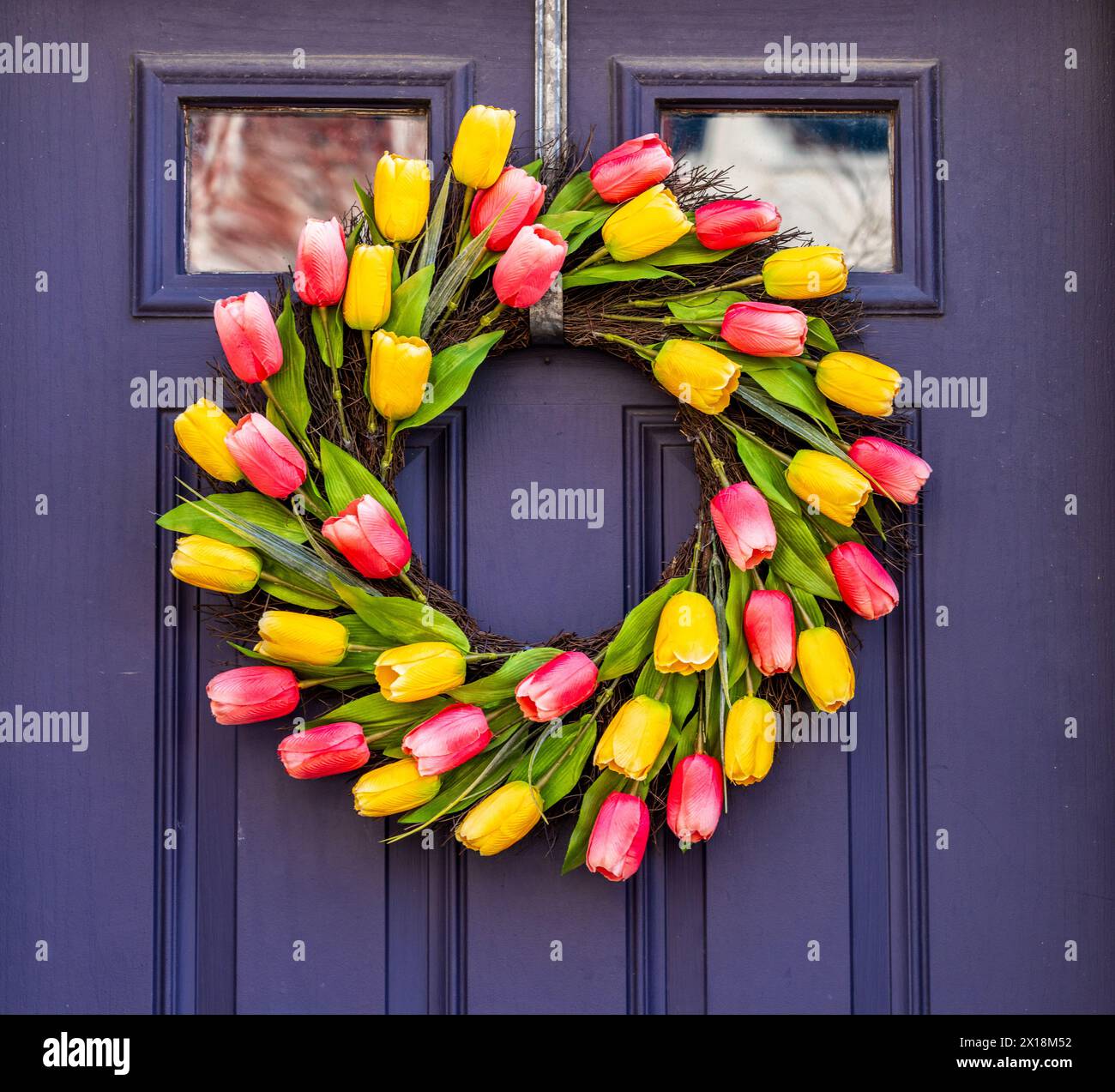 Disposizione dei tulipani in una corona circolare sulla porta esterna che segna l'inizio della Pasqua e della primavera Foto Stock