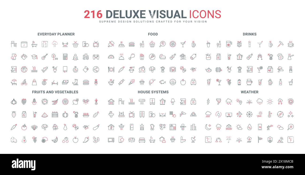 App mobile Planner, set di icone per cibo e bevande, linee di previsioni meteo. Accesso al sistema Home e al CCTV, alla tecnologia intelligente, alla selezione del prodotto da giardino, illustrazione vettoriale con simboli di contorno sottili neri e rossi Illustrazione Vettoriale