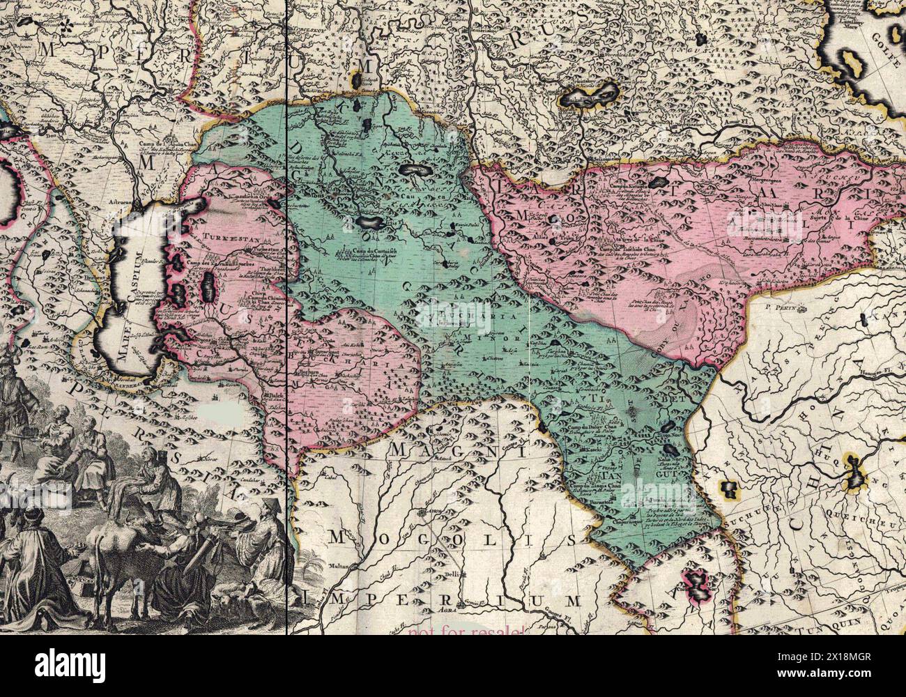 Questo è un frammento della mappa dell'Impero russo di Pietro il grande. Questa mappa è stata creata dai prigionieri di guerra svedesi approssimativamente nel 1725. Tra gli altri stati vicini mostrò l'Impero dei Calmucchi, la Dzungaria (evidenziata dal colore verde). Foto Stock