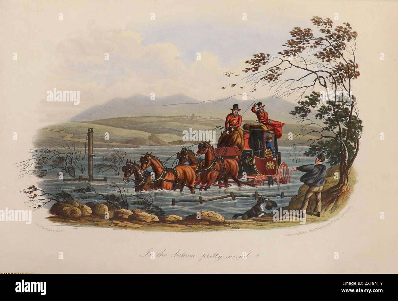 "Il fondo è bello?" Arte d'epoca: Album Roadsters, trasporto cavalli e carrozze, Inghilterra 1845. Pullman che percorre il fiume. Da una serie di tavole colorate raffiguranti scene di coaching di Charles B. Newhouse Foto Stock