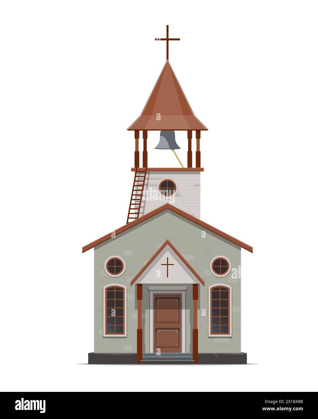Edificio del tempio della chiesa occidentale, parrocchia selvaggia del West. Casa religiosa vettoriale isolata vecchia città di campagna americana. Cappella religiosa cattolica in legno con croce e campanile con scala, trasuda fascino di frontiera Illustrazione Vettoriale