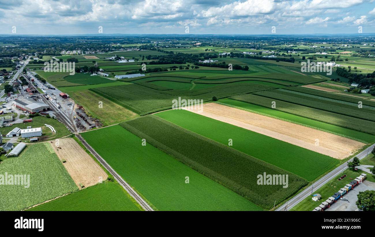 Un'incredibile ripresa sopraelevata che contrasta l'urbanità strutturata di una piccola città con la lussureggiante e estesa campagna che la circonda. Foto Stock