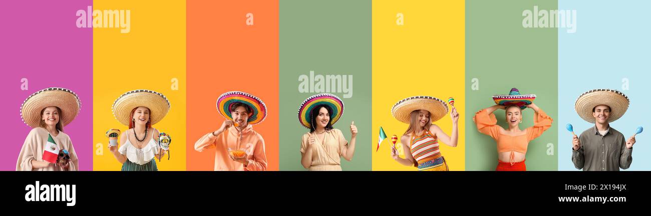 Gruppo di giovani messicani in sombrero su sfondo colorato Foto Stock