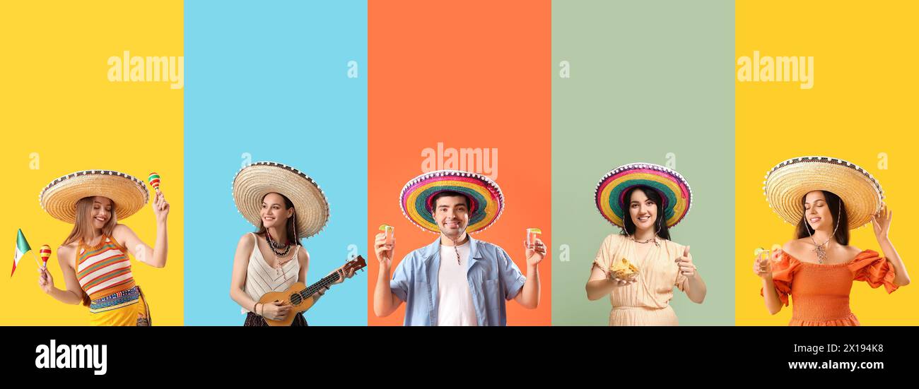 Gruppo di giovani messicani in sombrero su sfondo colorato Foto Stock