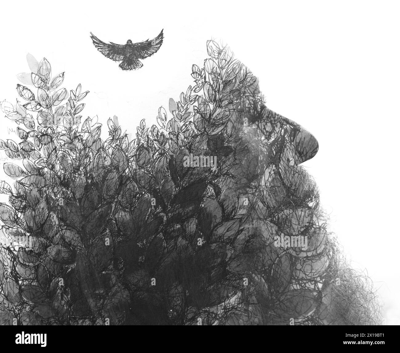 Un profilo pittorico di un uomo barbuto fuso con un dipinto di uccello volante Foto Stock