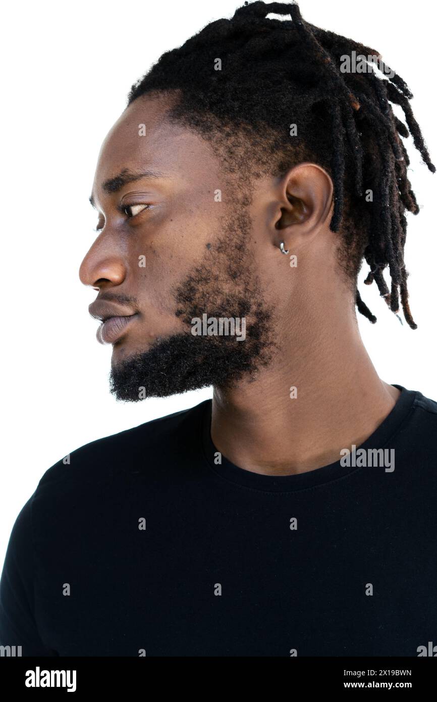 Un ritratto di profilo di un uomo afroamericano con dreadlocks Foto Stock