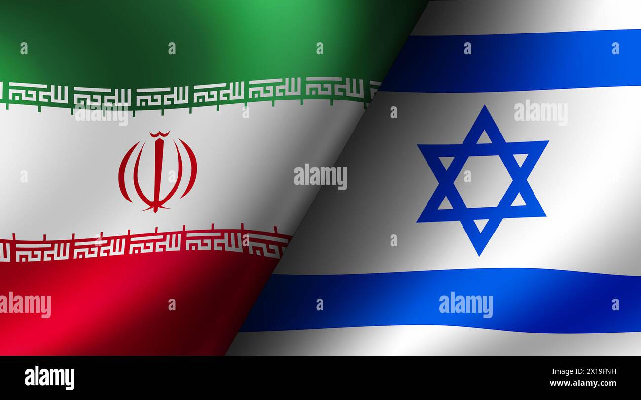 Israele contro Iran (crisi di guerra, conflitto politico). illustrazione della bandiera del paese Foto Stock