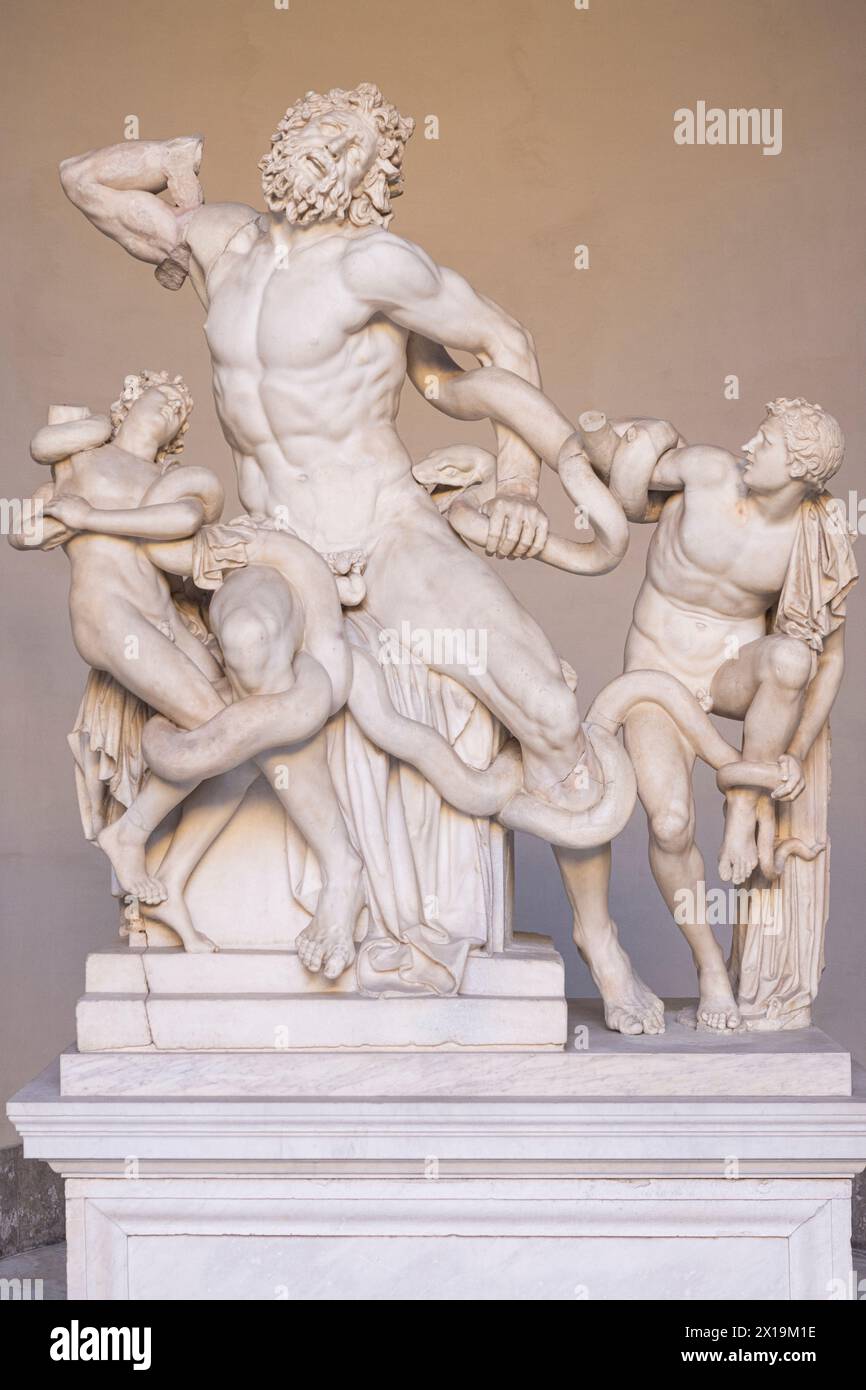 Statua del capolavoro di Laocoon. Scultura mitologica nei Musei Vaticani. Italia Foto Stock
