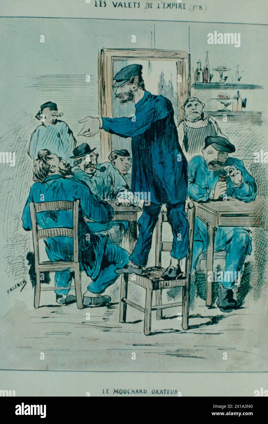 Flunkies imperiali, una spia della polizia tiene un discorso davanti a un club di lavoratori durante il secondo Impero, Francia 1860 Foto Stock