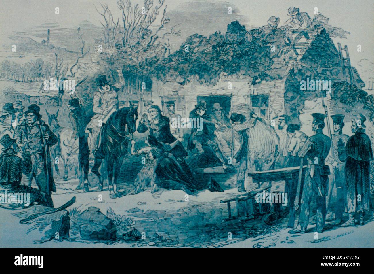 I proprietari terrieri inglesi sfrattano i cottieri irlandesi dalle loro case, illustrazione, Inghilterra 1848 Foto Stock