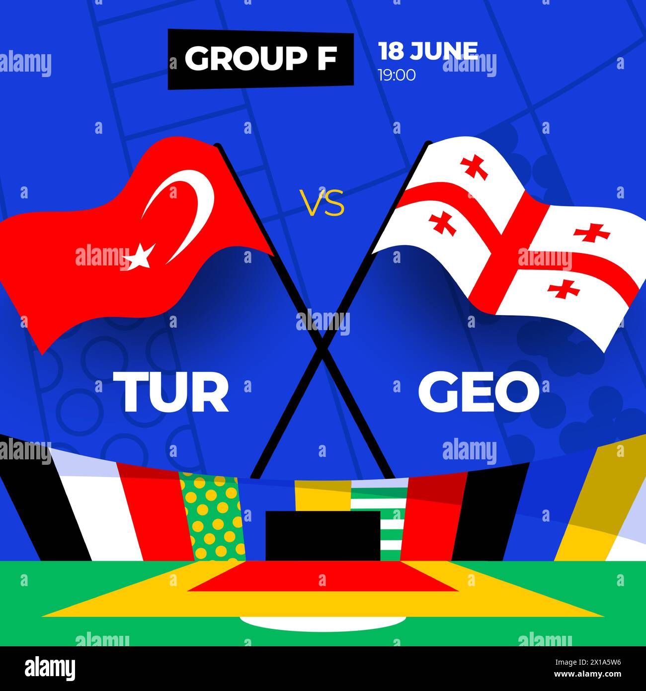 Partita Türkiye vs Georgia Football 2024 contro. 2024 partita del campionato della fase a gironi contro l'introduzione delle squadre background sportivo, competizione campionato. Illustrazione Vettoriale