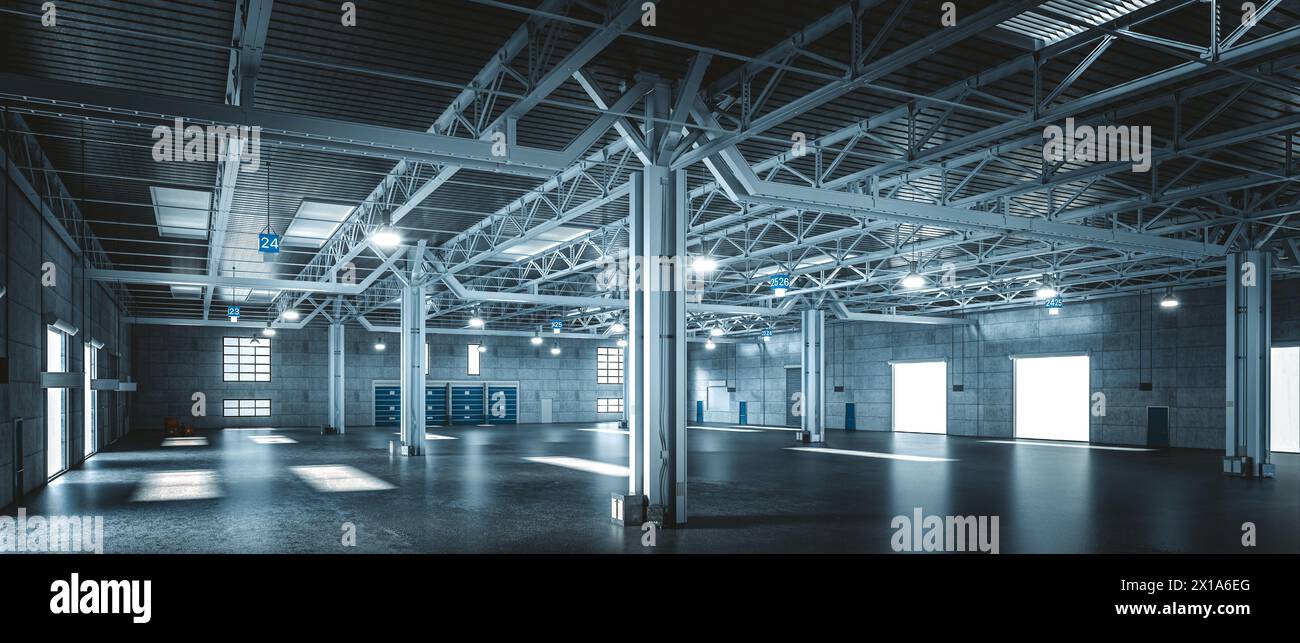 Vista panoramica di un magazzino industriale vuoto con luci e struttura metallica. rendering 3d. Foto Stock