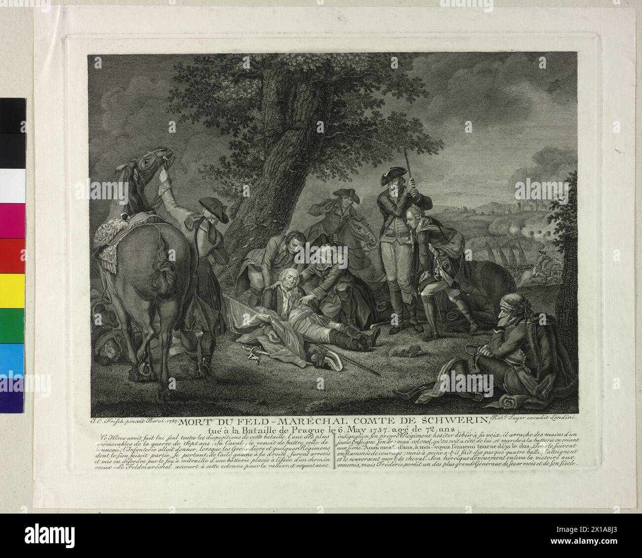 Morte del margravio Kurt Christoph von Schwerin durante la battaglia di Praga del 1757, comportamento del feldmaresciallo generale Schwerin durante la battaglia di Praga (seconda battaglia nella guerra settenniale tra Prussia e le truppe imperiali Austria) diventando nel testo sotto il grafico descritto: mentre il suo reggimento stava respingendo, tentando Schwerin, la bandiera del battaglione girava, con lo yodel 'Heran, meine Kinder, heran!' di nuovo in avanti. e' stata una violazione letale. Incisione di Daniel Salvager basata sul dipinto "Schwerins Tod in der Schlacht bei Prag" (1787) di Johann Christo Foto Stock