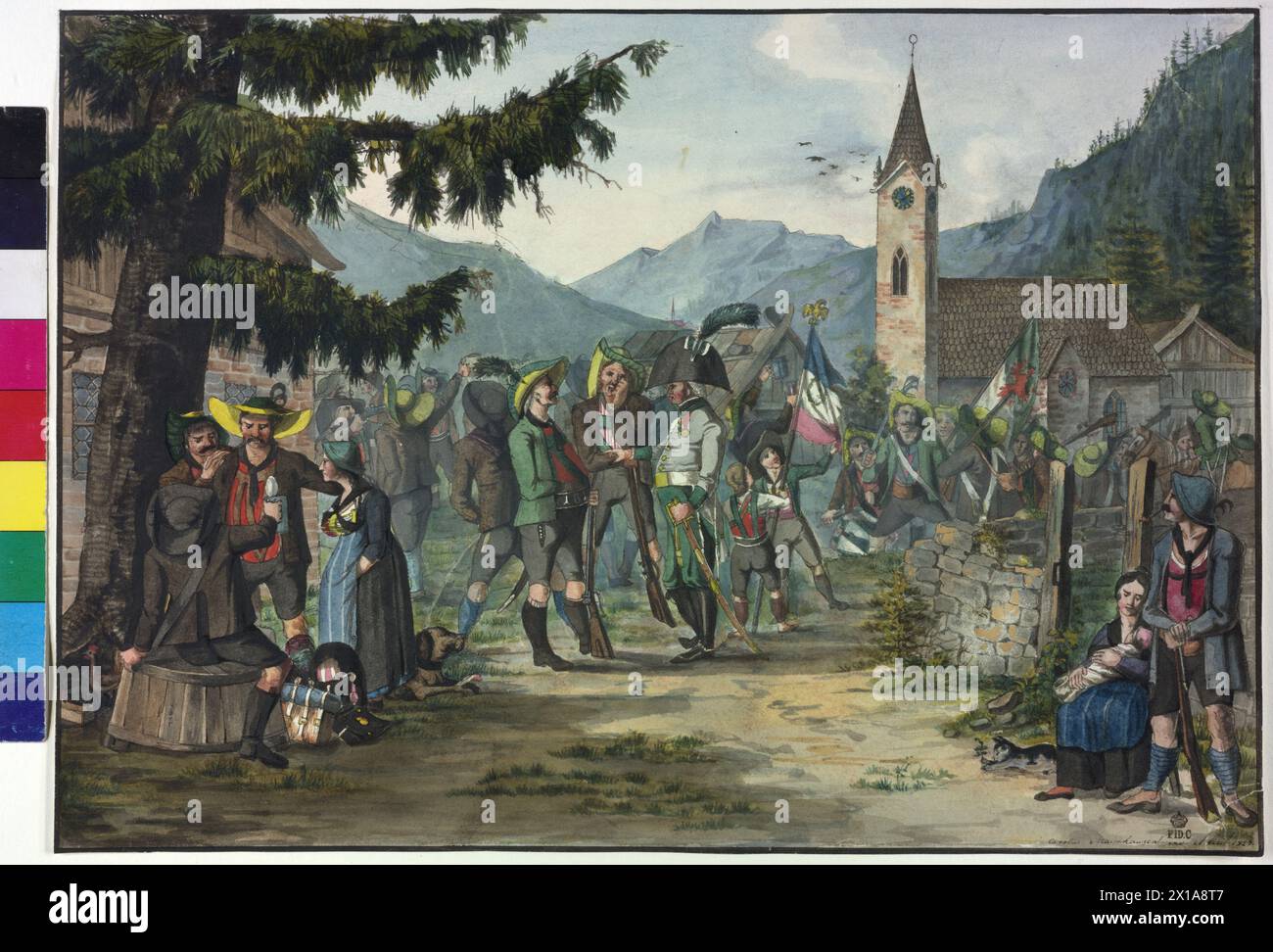 Il ritorno conquistoso dei contadini basato su una lotta contro gli uomini francesi, scena della lotta tirolese per la libertà 1807-1809: Ritorno dei contadini nel vostro villaggio, dove la vittoria arriverà. Due ragazzi che hanno preso una bandiera francese catturata. contadini con tazze da birra che si salutano a vicenda. Nel bel mezzo della conversazione tra due contadini e ufficiale austriaco acquerello e colori di copertura su cartone di Charles Mayrhauser, firma e datato 1827. Seriale di 4 Browse, foglio 4, 1827 - 18270101 PD40474 - Rechteinfo: Rights Managed (RM) Foto Stock