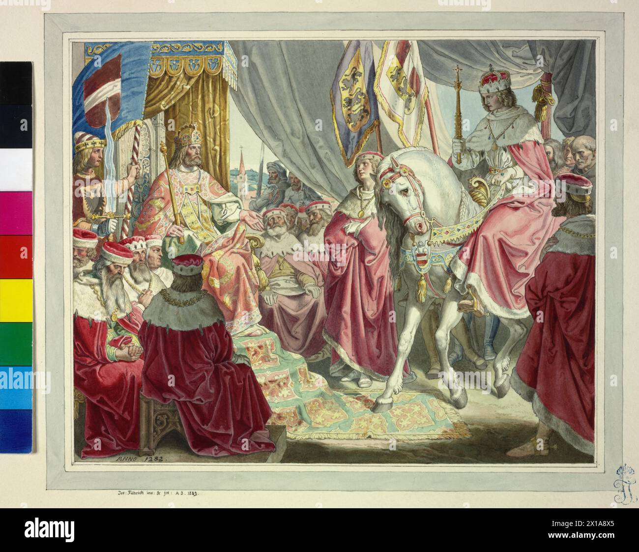 Re Rodolfo i d'Asburgo, Reichstag di Augusta 17.-21.12.1282: Re Rodolfo i d'Asburgo infeudando i suoi figli Alberto e Rodolfo 'zur gemeinsamen Hand' con il ducato aperto dei Babenberg. acquerello di Giuseppe di Fuehrich, segno e datazione 1839. ' - 18390101 PD0542 - Rechteinfo: Rights Managed (RM) Foto Stock