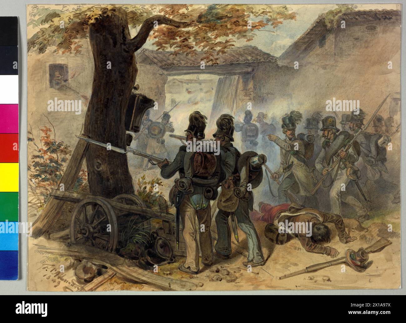Guerra urbana 1848, fucili-caporale Dominic blow-out (Tyrolese Kaiserjaeger) dispensano il villaggio Pregasina degli insorti (16.6,1848), acquerello di Fritz l'Allemand, segno e datato 1849, 1849 - 18490101 PD0723 - Rechteinfo: Diritti gestiti (RM) Foto Stock