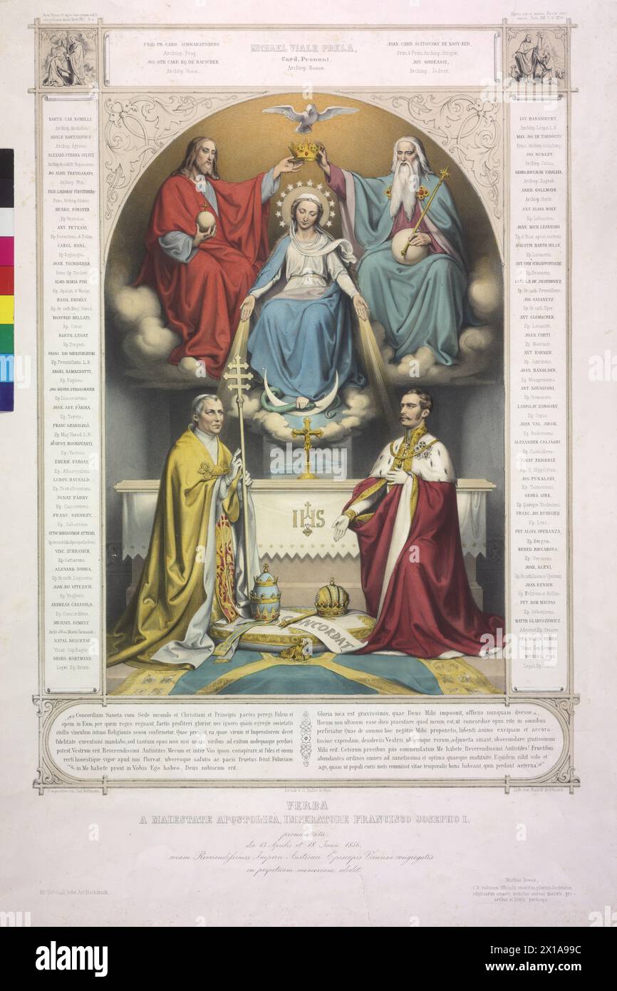 Documento commemorativo per la conclusione di un accordo del concordato del 1856, Francesco Giuseppe i genuflesse di fronte a Papa Pio IX prima della Trinità e della Maria Immacolata. Parole latine dell'affermazione, che dell'imperatore davanti all'episcopato il 13 aprile e il 18 giugno 1856 ha consegnato litografia colorata di Rudolf Hoffmann all'inserimento di Carl Hoffmann, 18.06.1856 - 18560618 PD0001 - Rechteinfo: Diritti gestiti (RM) Foto Stock