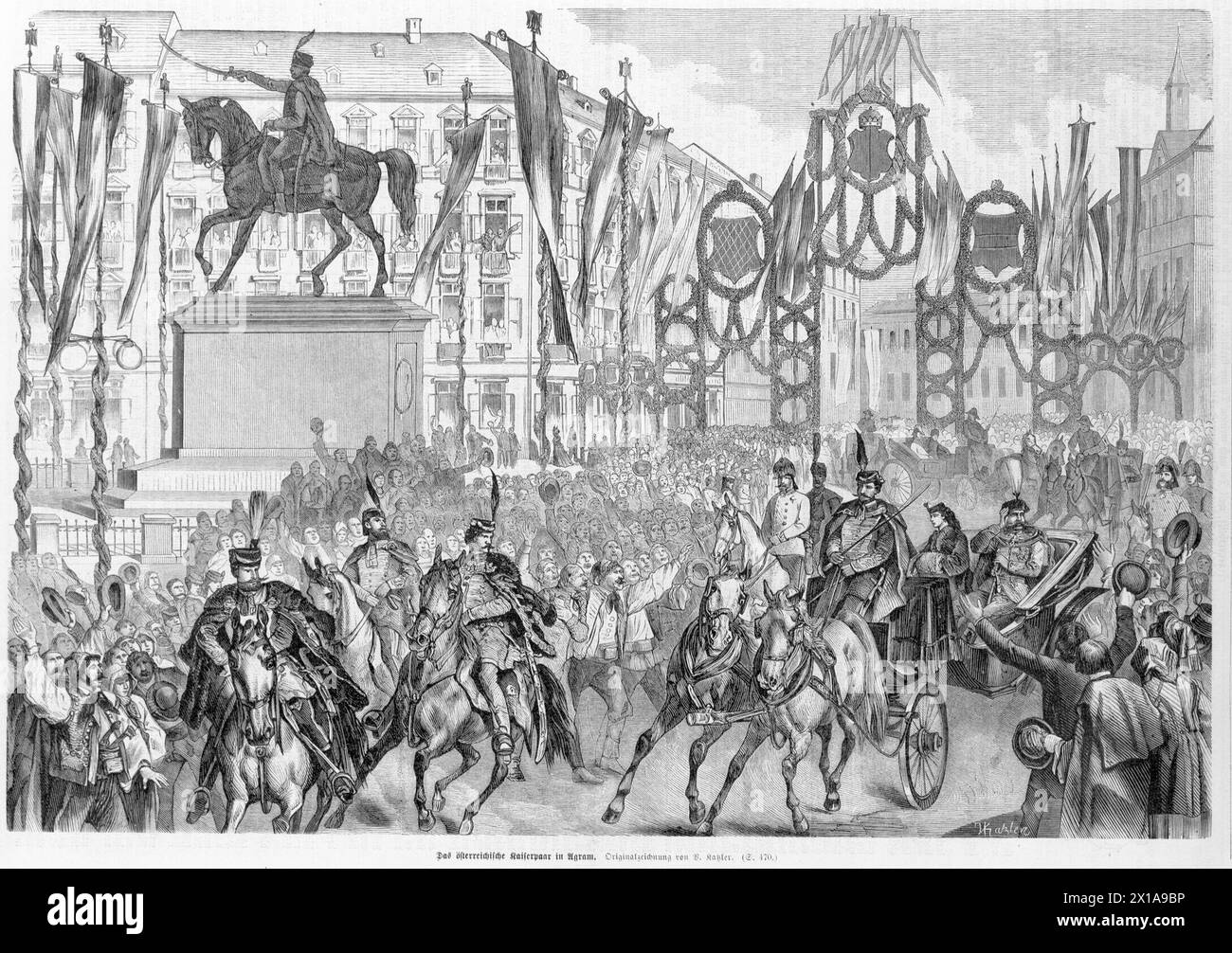 Arrivo della coppia imperiale austriaca a Zagabria, il rischio con la coppia regnante che passa tra il giubilo del cittadino e il monumento Jellacico. Incisione su legno basata sul disegno originale di Vincent Katzler., 08.03.1869 - 18690308 PD0001 - Rechteinfo: Diritti gestiti (RM) Foto Stock Arrivo della coppia imperiale austriaca a Zagabria, il rischio con la coppia regnante che passa tra il giubilo del cittadino e il monumento Jellacico. Incisione su legno basata sul disegno originale di Vincent Katzler., 08.03.1869 - 18690308 PD0001 - Rechteinfo: Diritti gestiti (RM) Foto Stock