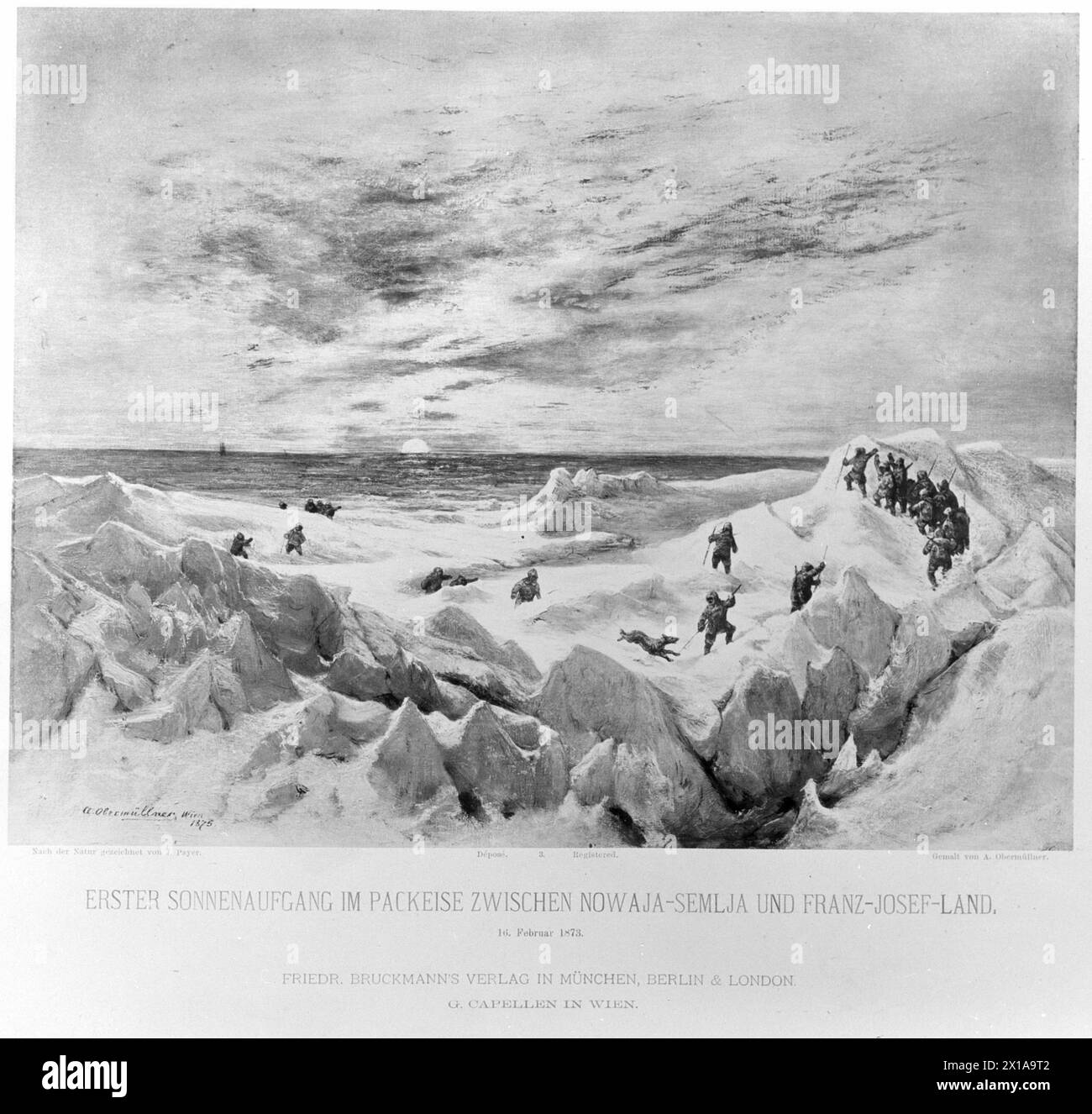 La spedizione austro-ungarica al Polo Nord 1872-1874, alba nel ghiaccio tra Novaya Zemlya e Franz-Josefs-Land (Franz Josef Land), febbraio 1873, dipinto di Adolf Obermuellner basato sulla delineazione ad vivum di July von payer, 01.02.1873 - 18730201 PD0002 - Rechteinfo: Rights Managed (RM) Foto Stock