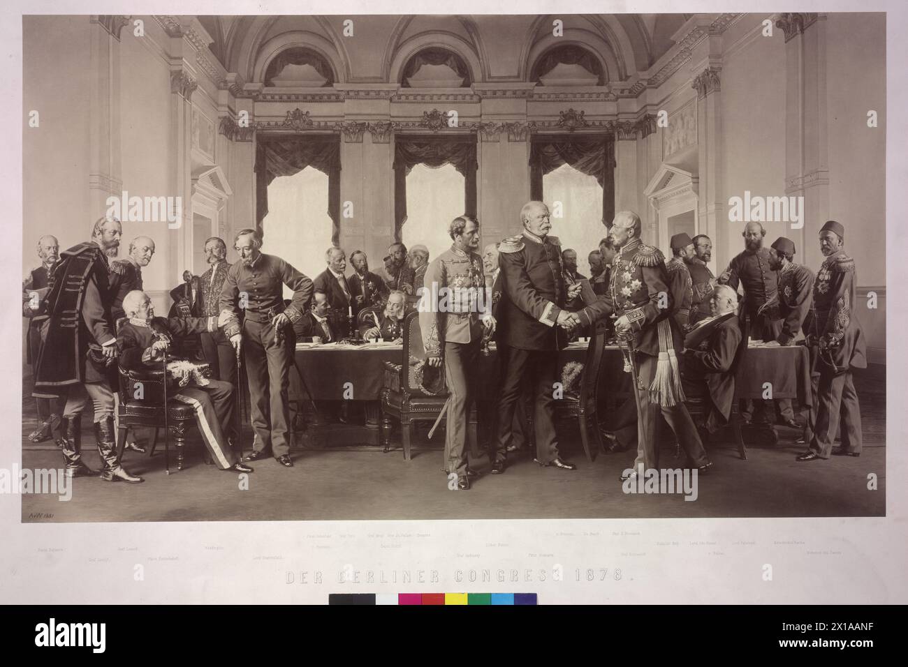 Il congresso di Berlino del 1878, il congresso di Berlino era una convocazione di membri delle grandi potenze europee dell'Impero tedesco, dell'Austria-Ungheria, della Francia, del Regno Unito, dell'Italia e della Russia, nonché dell'Impero ottomano, nel 1878 la grande crisi orientale tronca e qualsiasi nuovo progetto per una pace duratura per il mediatore dell'Europa sudorientale lo era. Al centro del principe cancelliere imperiale tedesco Bismarck tra il ministro degli esteri dell'Austria-Ungheria conte Andrássy e l'ambasciatore russo conte Shuvalov. (Person key compare PK 353, 19b), dipinto di Anton di Werner del 1881 (nell'originale nel Foto Stock
