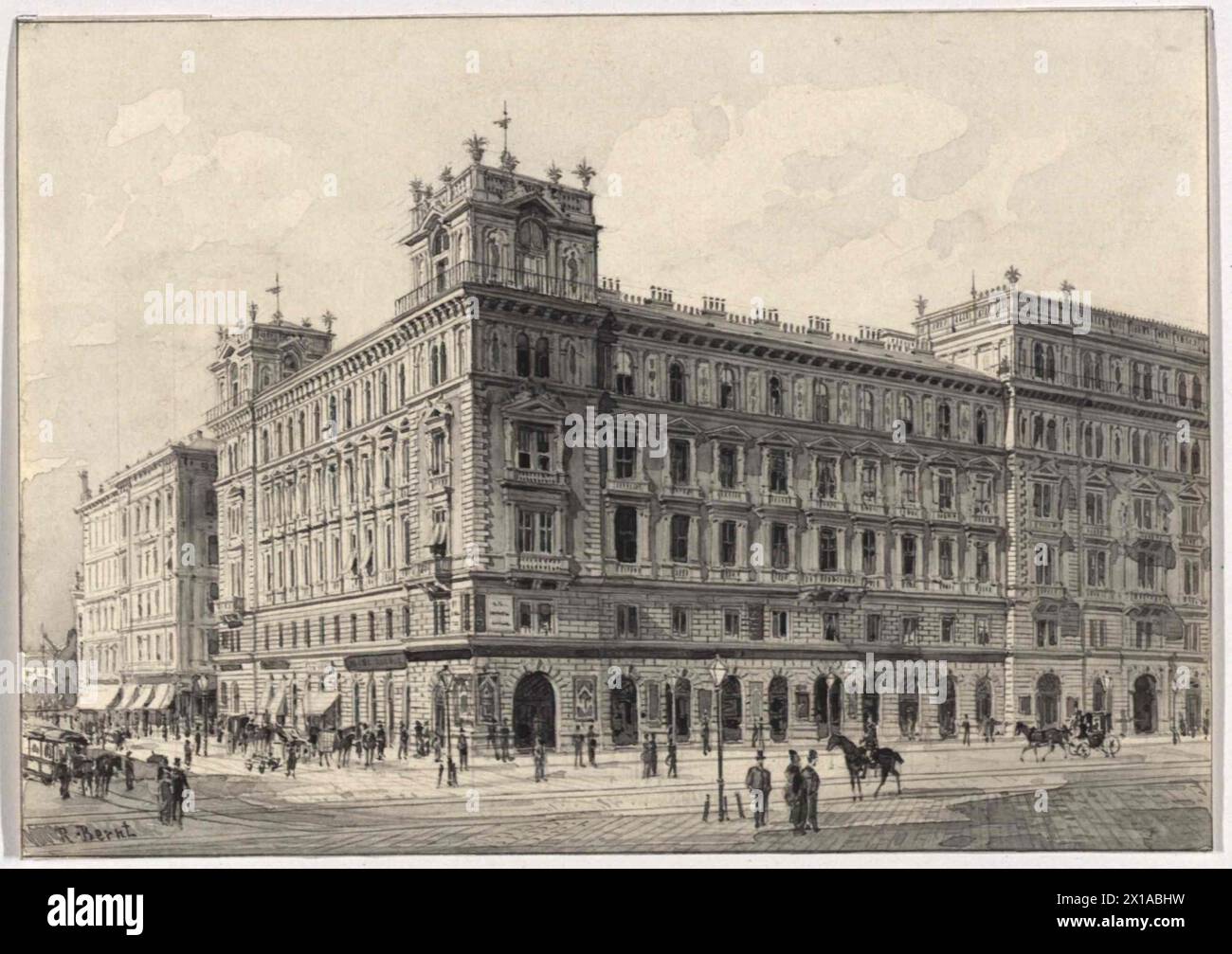 L'Heinrichshof a Opernring (strada) a Vienna, acquerello grigio, di Rodolfo Bernt, autografò gli schizzi al "Kronprinzenwerk" (la monarchia austro-ungarica in parole e immagini, Vienna 1886-1902), BD Vienna, Vienna, 1886, S.8, 1886 - 18860101 PD0195 - Rechteinfo: Diritti gestiti (RM) Foto Stock