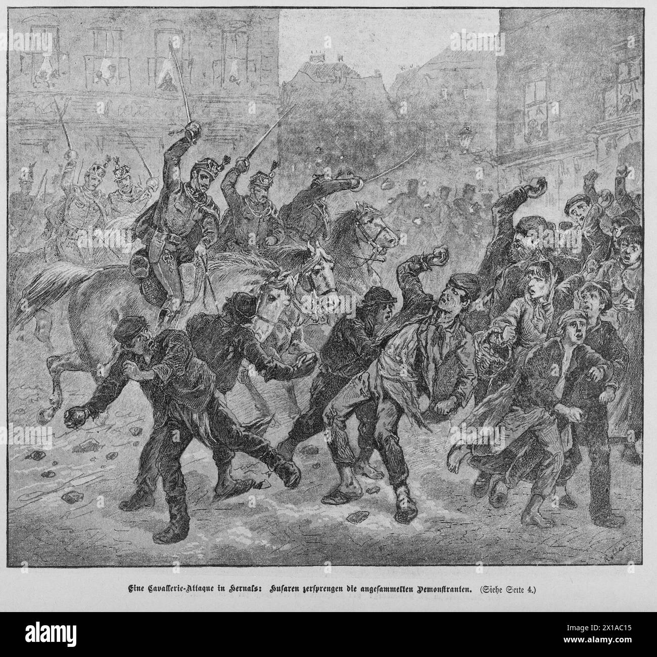 Vienna 17, Hernals, un attacco della cavalleria a Hernals: ussari demolire il tesoro i dimostranti assorbenti foglio, 2,5.1889, P.3, 22.04.1889 - 18890422 PD0002 - Rechteinfo: Diritti gestiti (RM) Foto Stock