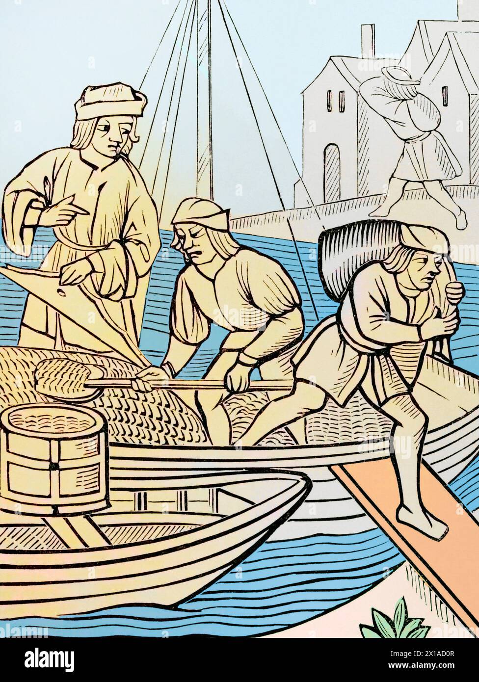 Francia. Parigi. Misurazione del sale. Incisione dopo "Ordonnances de la Prevoste des Marchands de Paris", 1500. Colorazione successiva. "Moeurs, usages et costumes au moyen-âge et à l'époque de la Renaissance", di Paul Lacroix. Parigi, 1878. Foto Stock