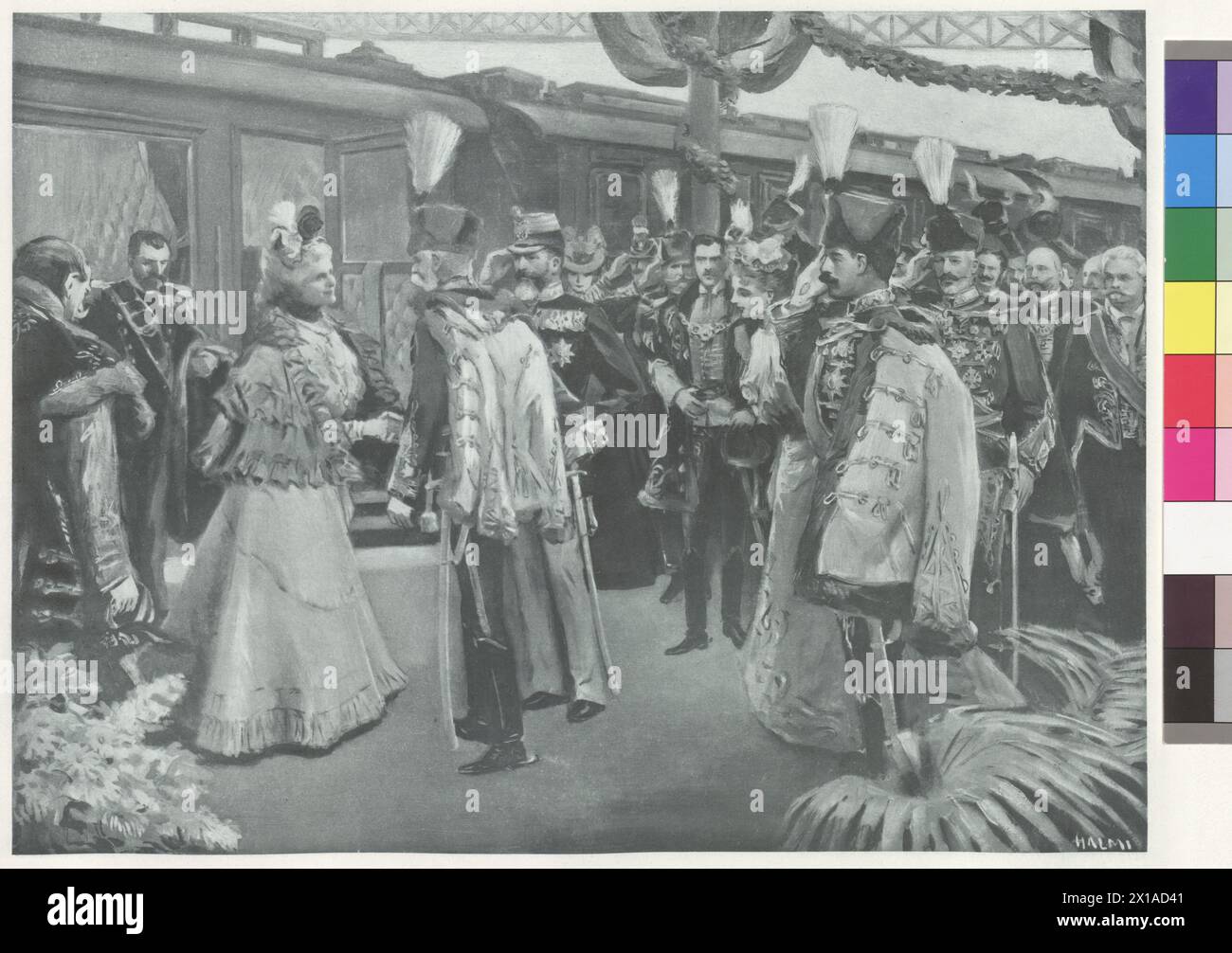 Ricevimento della coppia reale rumena alla stazione di Budapest, arrivo degli ospiti alla stazione Est di Budapest, 28.9.1897 incisioni fotografiche basate su dipinti di Artur Lajos Halmi. (Confronto originale 352 pz, 201), codice figura preciso disponibile dalla valigetta: "Kaiserbilder", istituto letterario Cosmo, Vienna-Lipsia-Budapest (valigetta con 28 eliogravure basate su dipinti), - 18980101 PD2824 - Rechteinfo: Rights Managed (RM) Foto Stock