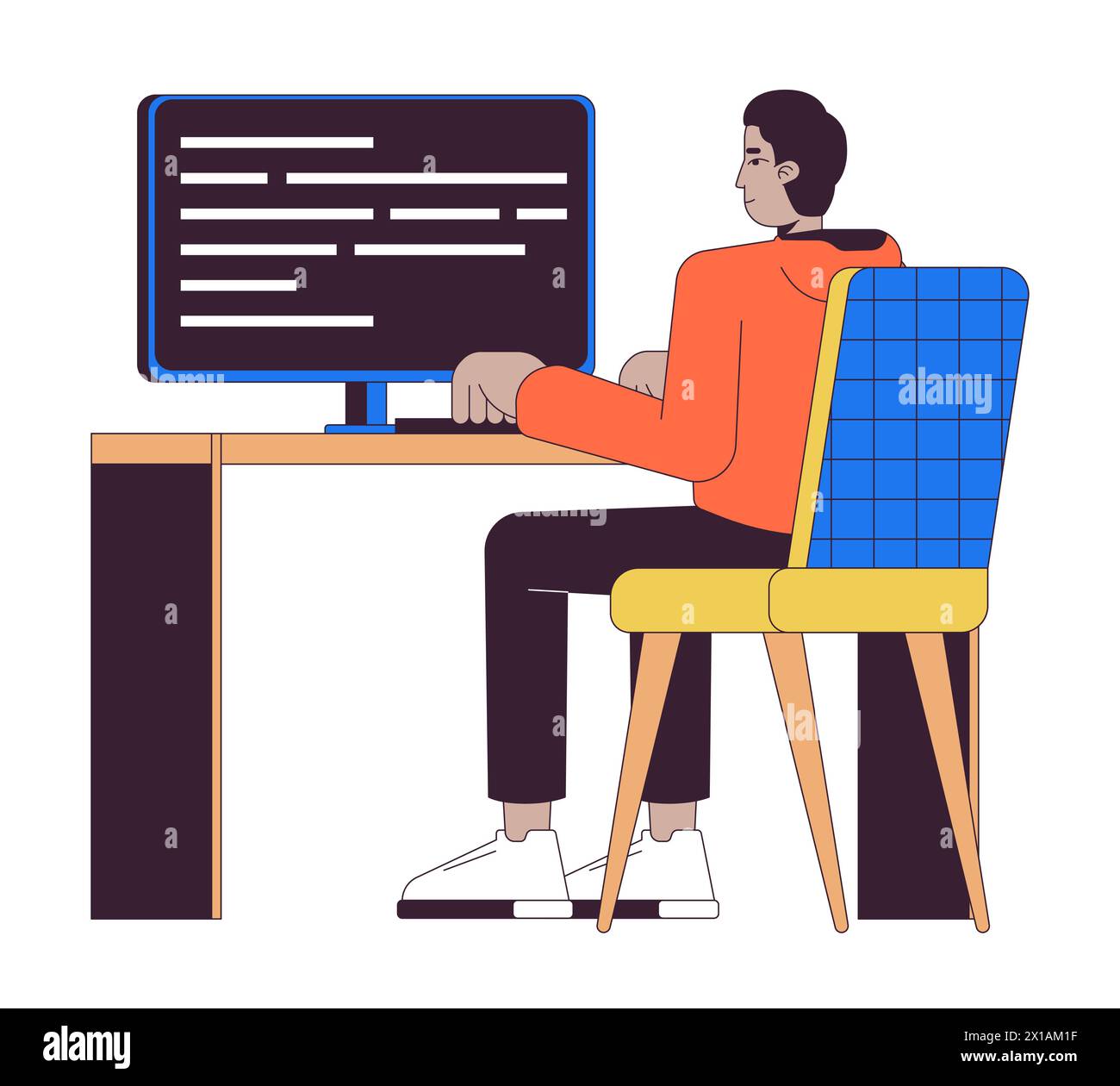 Uomo indiano che sviluppa software per computer 2D personaggio di cartoni animati lineari Illustrazione Vettoriale