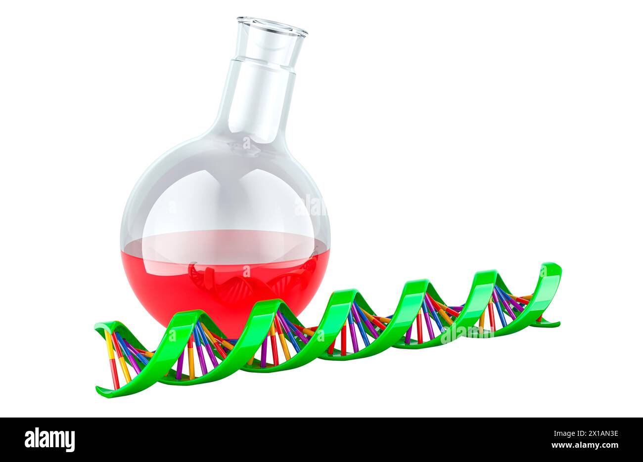 Spirale per DNA con matraccio chimico. Ricerca biotecnologica, concetto. Rendering 3D isolato su sfondo bianco Foto Stock