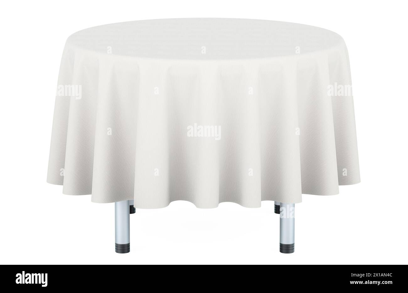 Svuotare il tavolo rotondo con un panno bianco. Rendering 3D isolato su sfondo bianco Foto Stock