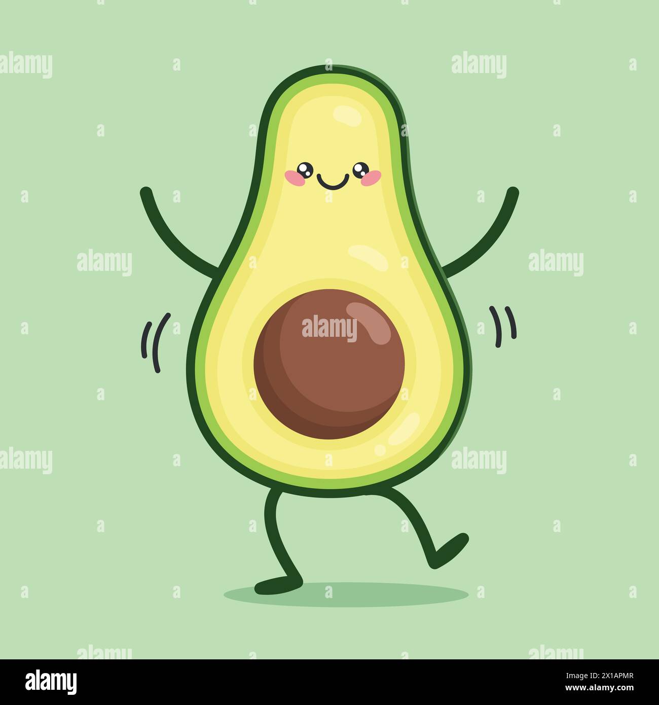 Carino personaggio dei cartoni animati, Avocado che danza. Concetto di alimentazione sana e fitness. Illustrazione vettoriale Illustrazione Vettoriale