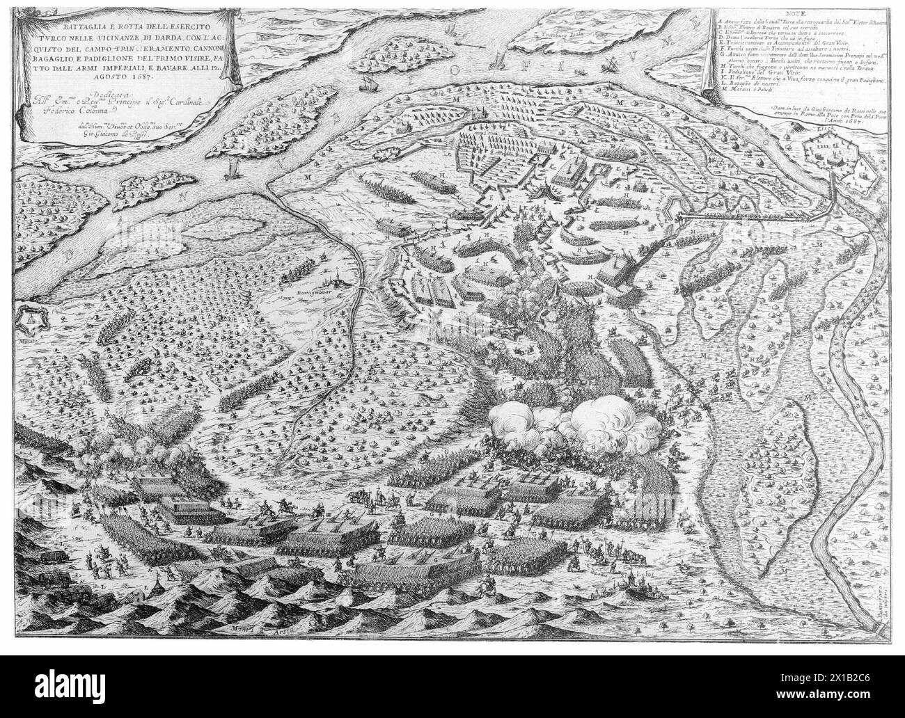 Guerre turche, immagine della lotta a Darda (ad Esseg): "Battaglia e rotta dell'Exercito turco nella vicinanze di Darda, . alli 12. Agosto 1687." Incisione da fatti d'armi degli Imperiali e Veneziani Contro i Turchi dal 1683-1690 nel 40 Stampe." Repronegativ nach Stich, Signatur der Kartensammlung, Dobblepoint, alb. 3 / 3 Blatt 18', 22.04.1983 - 19830422 PD135992 - Rechteinfo: Diritti gestiti (RM) Foto Stock