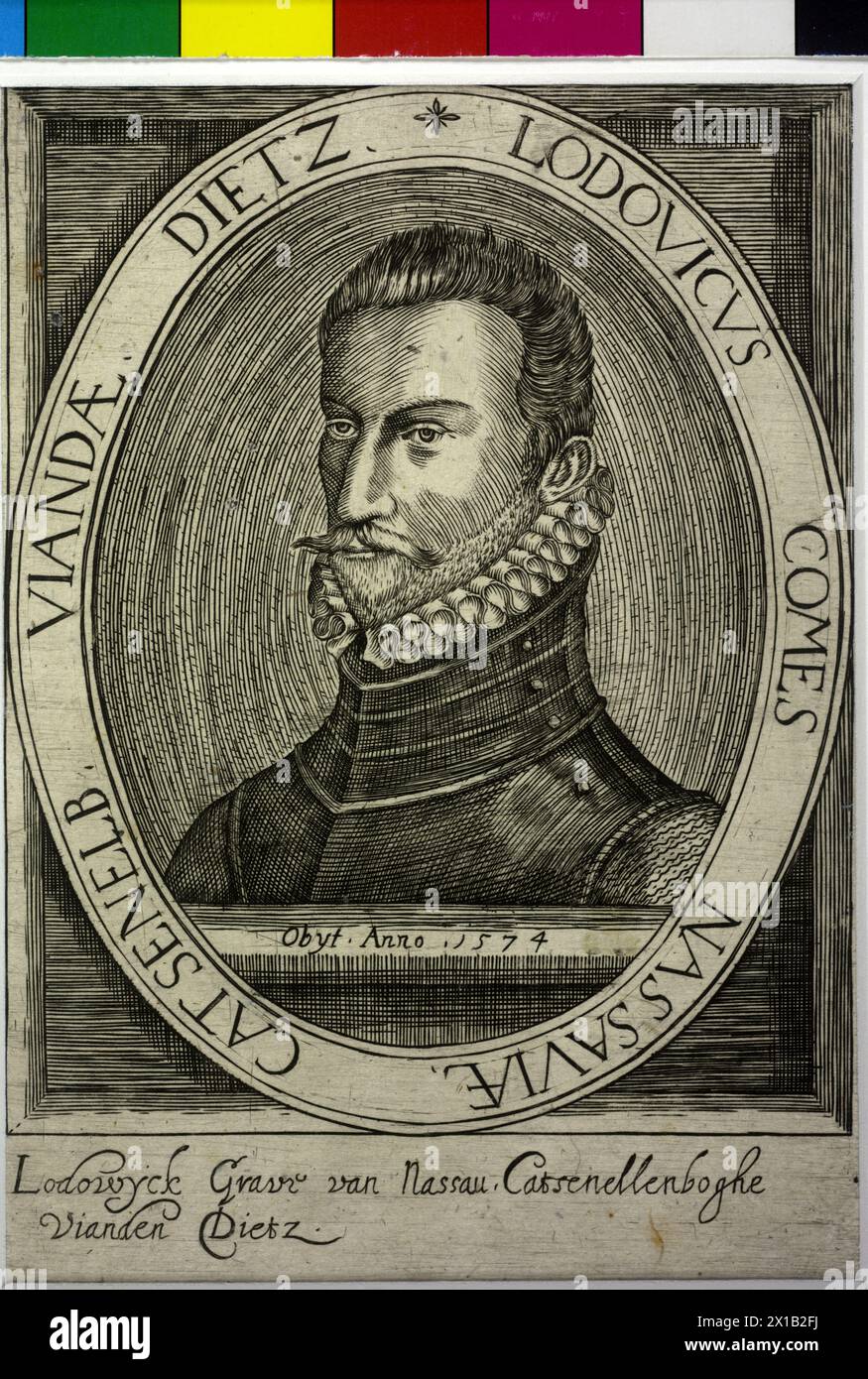 Ludovico, conte di Nassau-Siegen, quasi a metà lunghezza, 3 / 4 da sinistra, testa nuda, baffi, barba folta, imbracatura, con un po' di ruggine, sul bordo superiore del bordure, come il segmento di supporto latino. Avviso di morte con data dell'anno, in una cornice ovale con trascrizione latina su quadrato, preponderante schiusa come estensione wainscot, sotto la caratterizzazione doppia leggenda olandese. incisione in rame. Senza titolo, 1600, - 16000101 PD0054 - Rechteinfo: Rights Managed (RM) Foto Stock