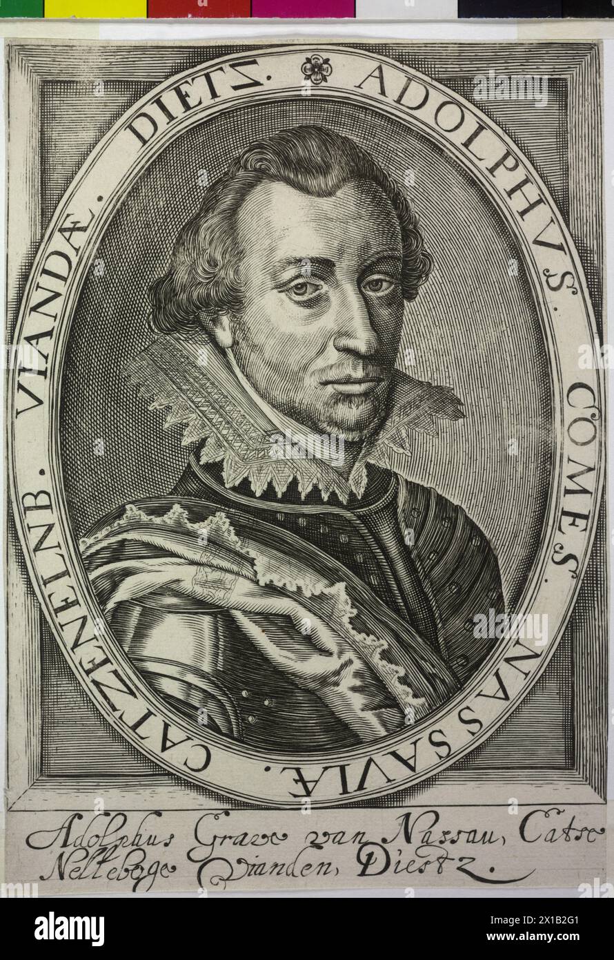 Adolfo, conte di Nassau-Siegen, in una cornice ovale con trascrizione latina, in quadrato, preponderante schiusa di cresta marginale intarsiata come estensione, sotto la caratterizzazione della leggenda olandese a doppia spaziatura. Incisione in rame, senza titolo (attribuito Nicola de Clerck), 1615, - 16150101 PD0013 - Rechteinfo: Rights Managed (RM) Foto Stock