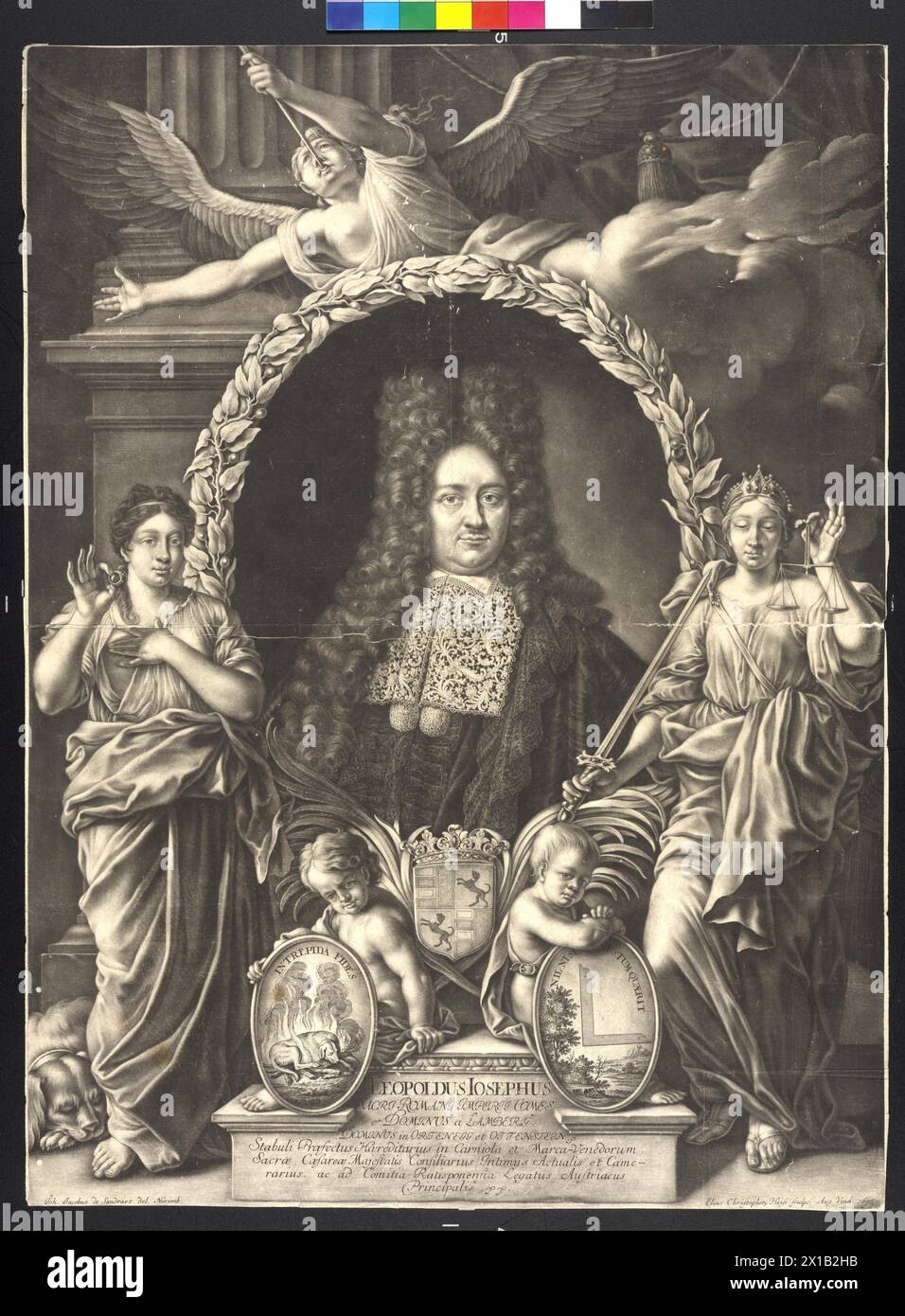 Lamberg, Leopold Joseph Conte di, mezzotinta / incisione di Elijah Christoph Heiss basata su un disegno di Johann Jakob von Sandrart. Stemma, 1695, - 16950101 PD0008 - Rechteinfo: Rights Managed (RM) Foto Stock