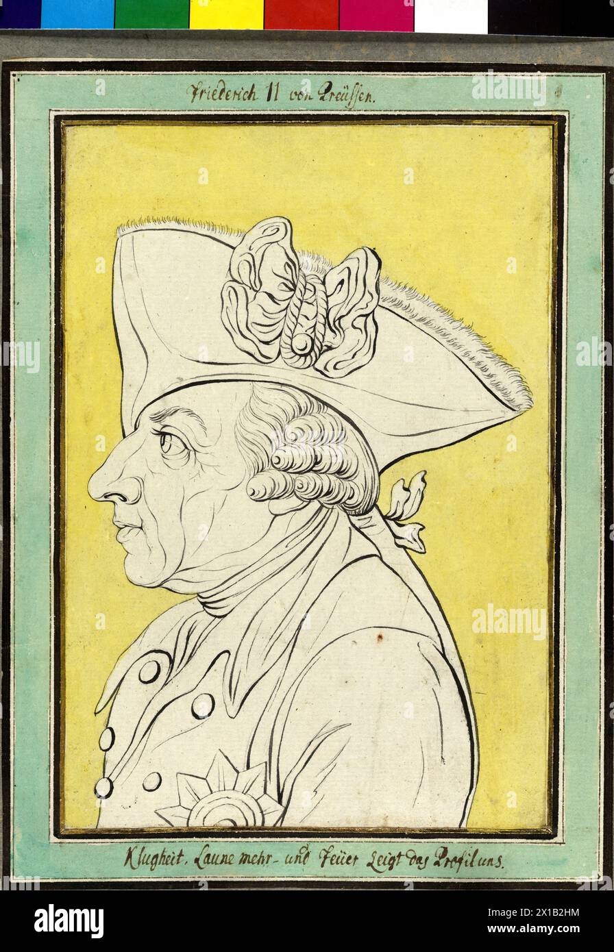 Federico II di Prussia, profilo sinistro con cappello a tre angoli. Bordo oro, verniciato con cornice ad acquerelli, 1770, - 17700101 PD0063 - Rechteinfo: Rights Managed (RM) Foto Stock