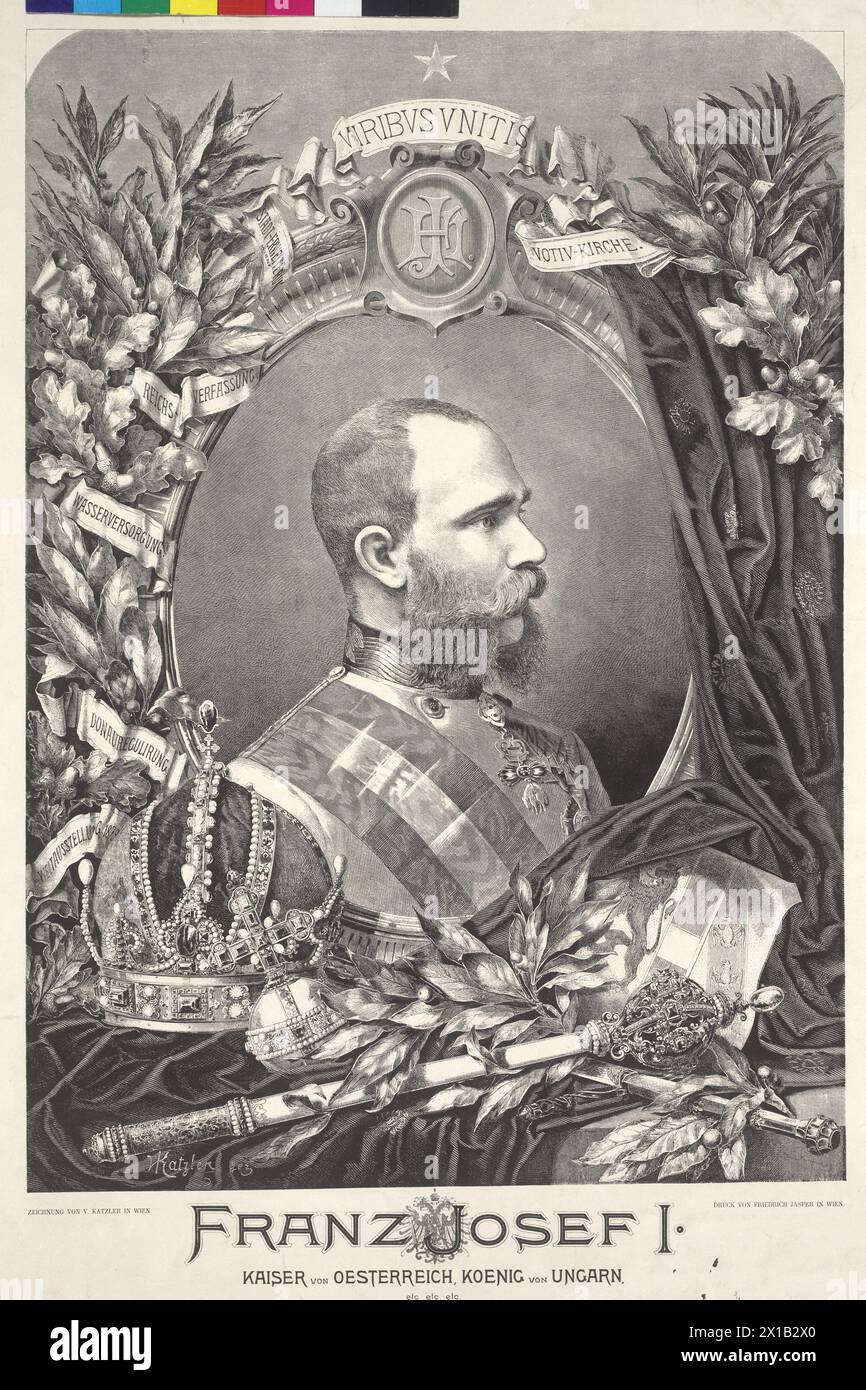 Francesco Giuseppe i, Imperatore d'Austria, documento commemorativo per l'anniversario del trono dei 25 anni, incisione anonima su disegno di Vincent Katzler casa editrice della Manz' Imperial and Royal aulic Company degli editori Vienna. Stampa di Friedrich Jasper a Vienna., variazione a 353 pz, 42 rispettivamente 42a, 1873, - 18730101 PD1053 - Rechteinfo: Diritti gestiti (RM) Foto Stock